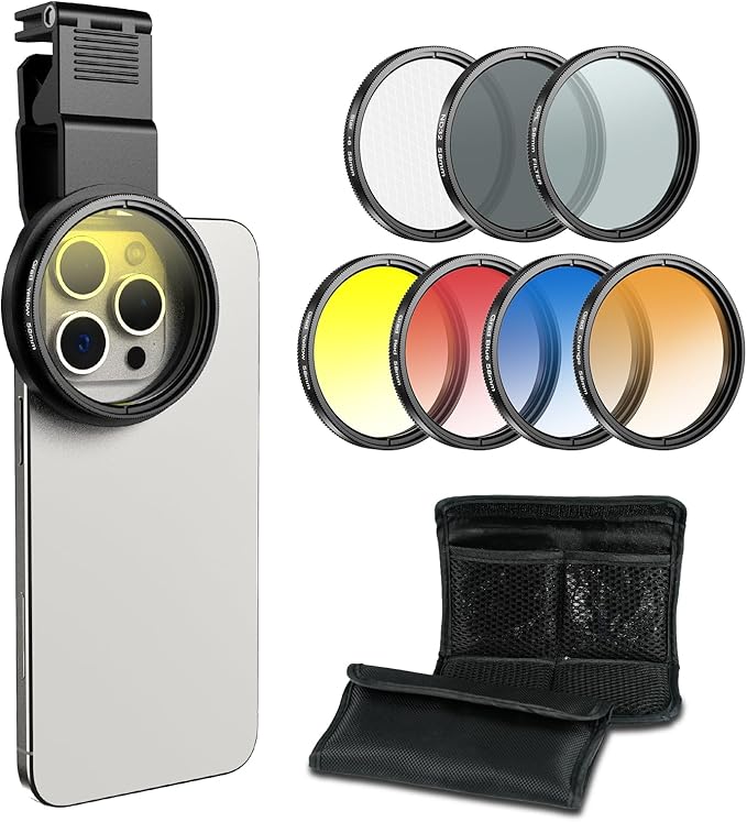 APEXEL 58mm Phone Filter Kit with Cell Phone Clip (7 Pcs: CPL/ND32/Star/4-Color Graduated Filters) Compatible with iPhone 17 16 15 14 Pro Max 13 12 11 & Canon Nikon Sony Cameras, with Cold Shoe Mount