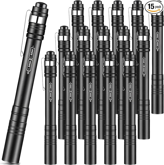 15 Pack Christmas Mini Pen Flashlights Bulk Gifts LED Pen Lights Aluminum Pocket Flashlights with Clips Small Handheld Torches for Men Camping Hiking Emergency Outdoor (Black)