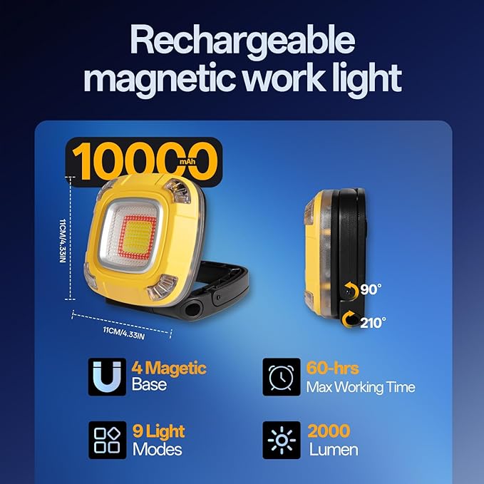 Magnetic Work Light, 10,000 mAh Rechargeable LED Portable Lamp, 2,000 Lumen Floodlight, 9 Light Modes with 1/4" Threaded Port for Machinist Auto Underhood Outdoor Camping