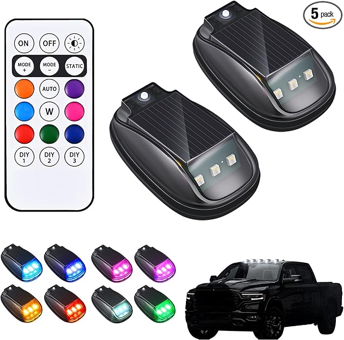 2/4/5PCS Solar Cab Lights for Truck, 2026 New Solar Car Roof RGB Strobe Light, No Drill Solar Powered Cab Lights, with Remote Control, Vibration, for Truck SUV Rvs (2PCS)