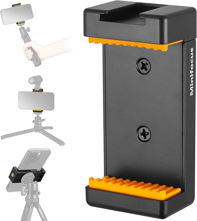 MINIFOCUS Phone Tripod Mount with Cold Shoe for iPhone and Other Phone, Universal Adjustable Smartphone Holder with 1/4'' Screw Hole Used for Microphone LED Video Light Monopod Selfie Stick Tripod