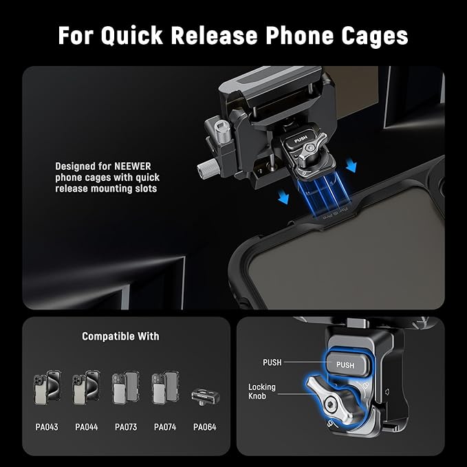 Neewer SSD Holder 40-65mm Quick Release SSD Bracket Mount with Cable Clamp Compatible with SmallRig Phone Cage for 16 Pro Max 15 Pro Max Samsung S24 Ultra T9 T7 T5 SanDisk, PA065