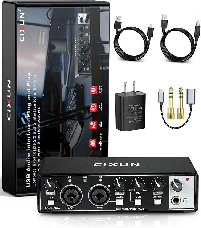 2x2 USB-C Audio Interface for PC/Mac Recording, 24-bit/192kHz, Dual TS/XLR Inputs, +48V Phantom Power, Studio/Podcast/Streaming (Matte Black)