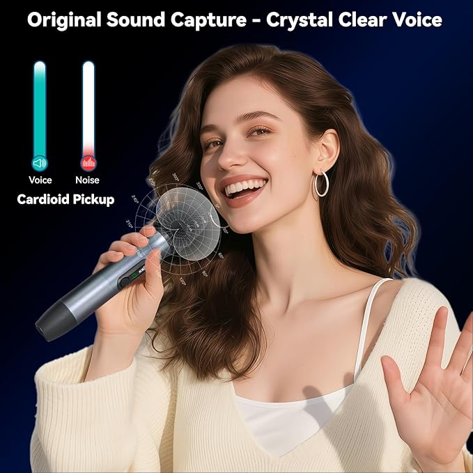 Wireless Microphone Set for Singing, Speech & Karaoke, 2.4GHz Dual-Mic Receiver, 200ft, Storage Bag Included, Metal Cordless Mic 2 Pack for Karaoke Machines, PA Systems, PartyBox, Gray-Blue
