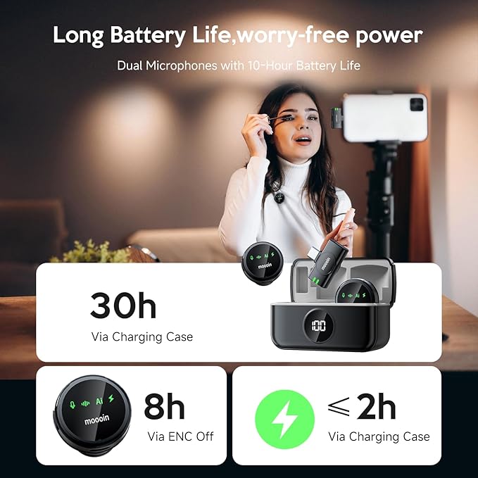 Wireless Bluetooth Lavalier Microphone for iPhone, with AI Noise Reduction – Plug-and-Play Clip-on Mic for iPhone/iPad/Android, Long Battery Life Mini Portable for Vlogging, Live Streaming, Interviews