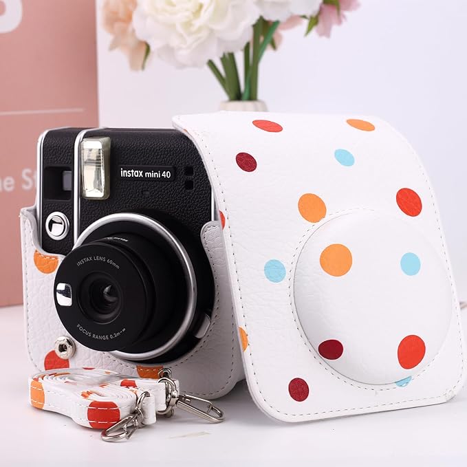 Frankmate Protective Case for Fujifilm Instax Mini 12/11/40 Instant Camera, Polka Dots PU Leather Camera Bag with Pocket and Adjustable Shoulder Strap