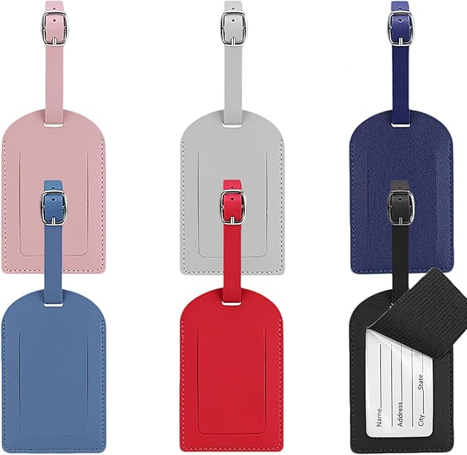 Leather Luggage Tags, 6 Pack Luggage Tags for Suitcases, Travel Tags for Luggage TSA Approved for Protecting Privacy, Suitcase Tags with Name Card for Men, Women, Kids