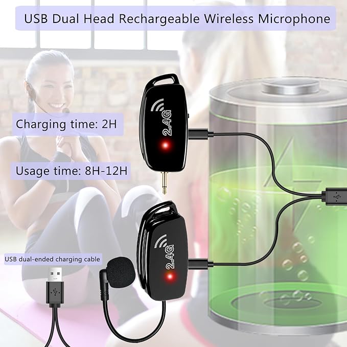 Wireless Microphone Headset Systems Cordless: 2.4G Wireless Professional Mics for 2 People - Head Mic and Handheld Mic 2 in 1 - for PA System,Voice Amplifier, Fitness Trainer, Teacher, Singer