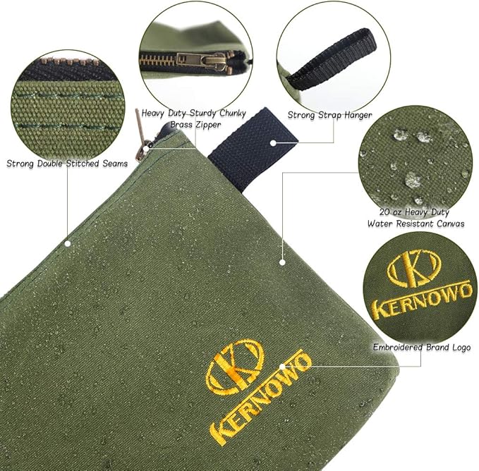 OTEVORP Premium Canvas Tool Pouch Zipper Bag,Small Tool Bag,Multipurpose Storage Pouch(4Pack 12.75x8x2.25 inch 20oz Water Resistant Heavy Duty Army Green Flat Bottom Tool Bag with Brass Zipper)