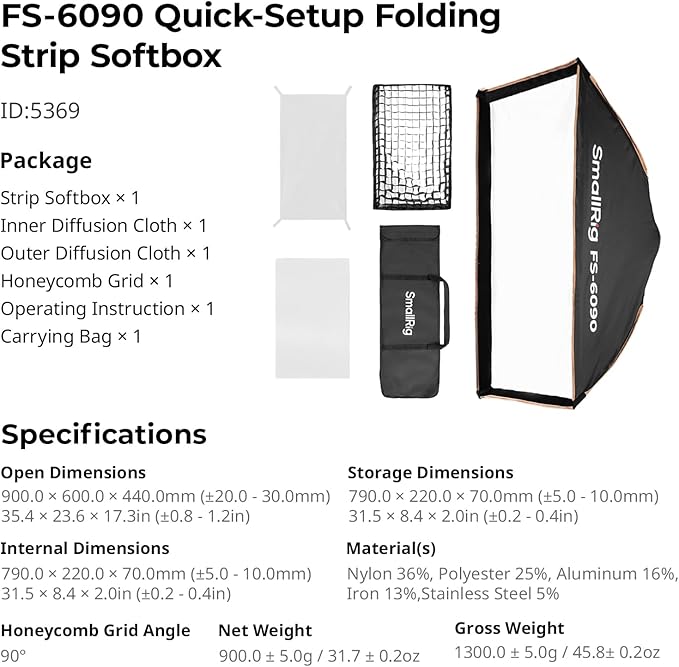 SMALLRIG 24'' x 35" Quick Release Softbox Bowens FS-6090 with Diffuser/Honeycomb Grid/Bag, Softbox Compatible with SmallRig RC 220 pro, for Bowens Mount COB Lights, for Godox for Neewer -5369