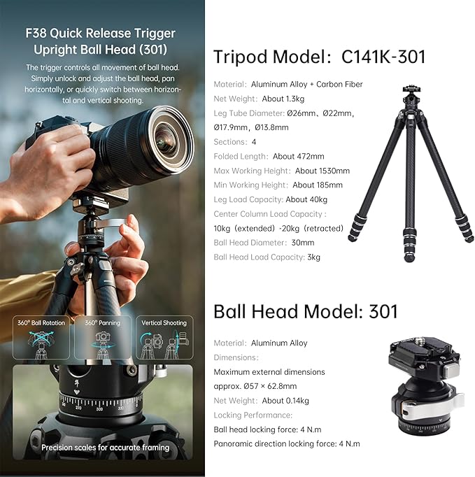 FALCAM TreeRoot F38 Quick Lock Lite Carbon Fiber Travel Tripod with Ball Head Load Capacity 3kg/6.6lbs, Max Vertical Payload 40Kg/88lbs for Cameras, All-Terrain Stability (C141K-301)