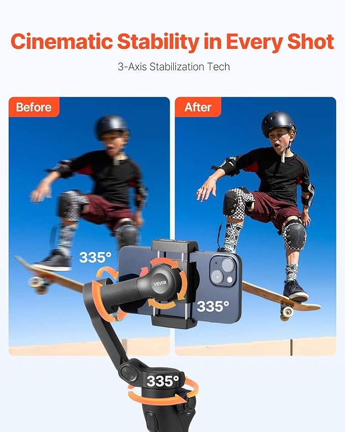 VEVOR Gimbal Stabilizer for Smartphone, 3-Axis Stabilization, Phone Gimbal for Android & iPhone with Face/Object Tracking, Tripod, Portable & Foldable Handheld Phone Stabilizer for Video Recording