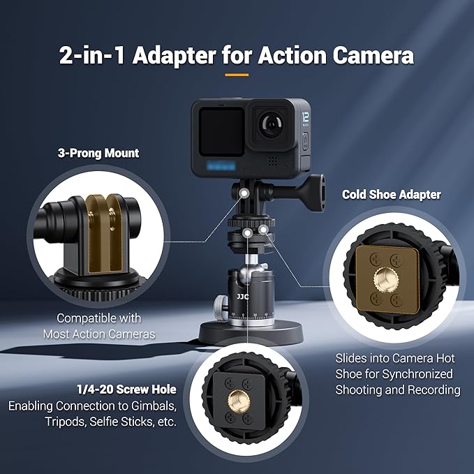 JJC 2-in-1 Tripod Mount & Hot Shoe Camera Mount Adapter for GoPro Go Pro Hero 13 12 11 10 9 8, DJI Osmo Action 5 4 3 & More Action Camera on 1/4"-20 Tripod or Canon Nikon Sony Fujifilm DSLR Camera