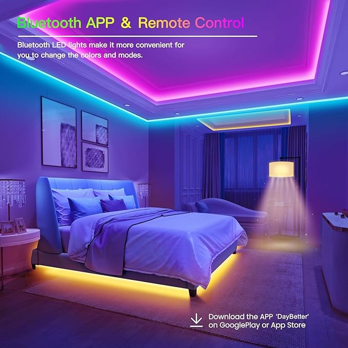 GUPUP LED Lights Strip 100 FT, LED Lights for Bedroom 100ft, RGB Rope Light for Room, Bluetooth APP Control,Color Changing Strip, Sync with Music,para Cuarto, for Bedroom Home Party Decoration