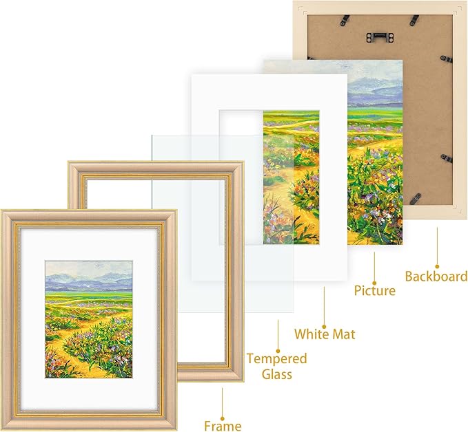 Golden State Art,9x12 Ornate Picture Frame for 6x8 Photo with Mat or 9 x 12 Prints without Mat, Real Glass Wall Display Horizontally or Vertically (Color:Champagne Gold)
