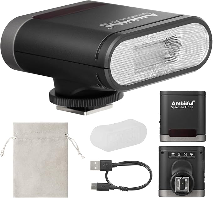 AMBITFUL AF100 Mini Camera Flash, GN12 Rechargeable Manual Speedlite, USB-C, for Canon Sony Nikon Fuji Ricoh GR Cameras Hot Shoe