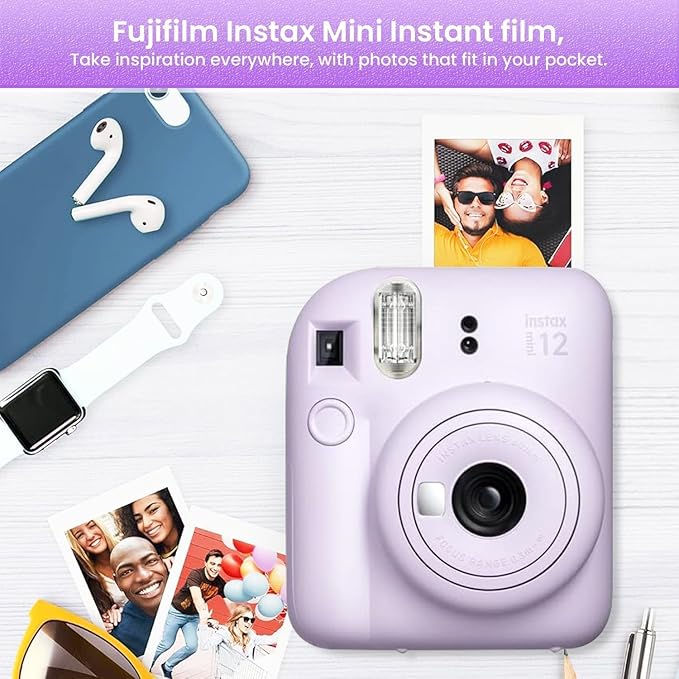 Fujifilm Instant Mini Camera + Accessory Bundle & Compatible Custom Case + Fuji Instant (20 Shots) Designer Mini Photo Album (60 Pockets) (Lilac Purple)