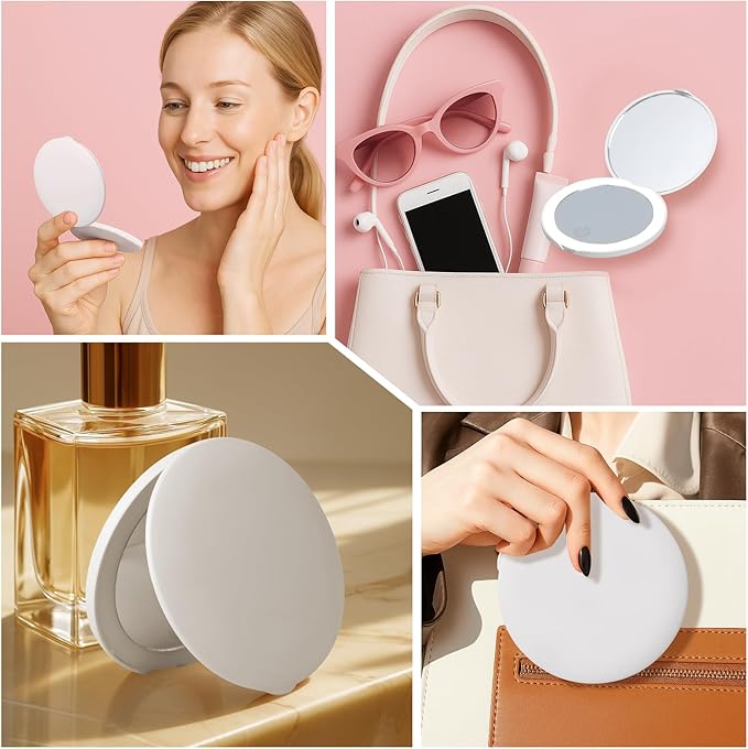 Compact Mirror with Light, Dimmable Pocket Mirror, Rechargeable Mini Mirror for Purse, Pocket, Travel and Present, Folding, Handheld, 2-Sided, Round
