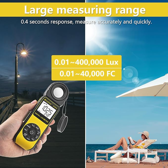 HOLDPEAK 881D Illuminance Light Meter, Digital Lux Foot Candles Meter 0.1~400,000 Lux (0.1~40,000 FC) with 270º Rotatable Detector, Par Meter Luxmeter for Plants LED Lights Indoor Outdoor Light Tester