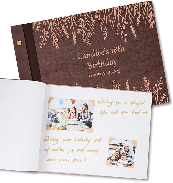 Personalized Birthday Photo Album - Wooden Birthday Guest Book，Memory Book Scrapbook for Kids Adults, Vintage Book Keepsake for Party, Unique Gift