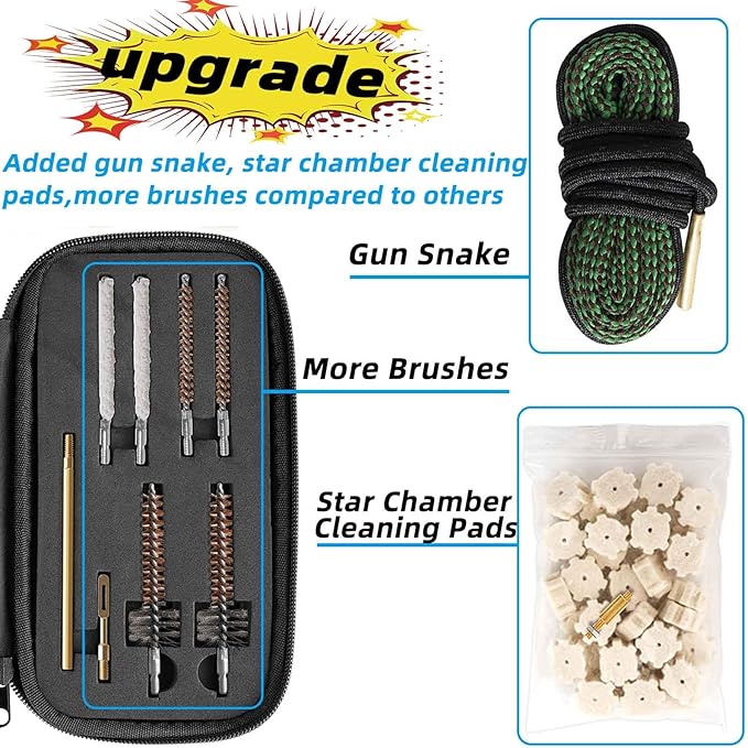 Universal Gun Cleaning Kit for .22 .223Cal 5.56mm .22LR Rifle Pistol, Bore Chamber Brush,Bore Mop,Gun Snake,Star Chamber Cleaning Pads,Brass Rods in Zippered Compact Case