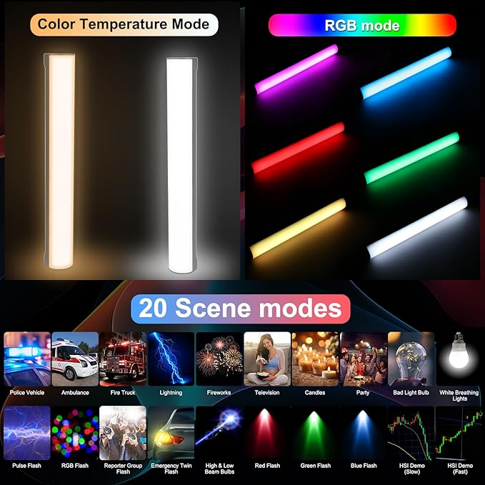 PULUZ 11.8" RGB Full Color Photography Light Stick, Holdable Magnetic LED Stick Fill Lights with 1/4 inch Screw Holes, Rechargeable Tube Light with 20 Lighting Effects for Photography Lighting