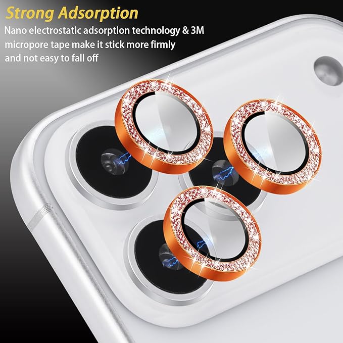 Camera Lens Protector for iPhone 17 Pro/17 Pro Max, Aluminum Alloy Tempered Glass Lens Protector with Installation Frame Fits for iPhone 17 Pro/17 Pro Max (Glitter Orange)