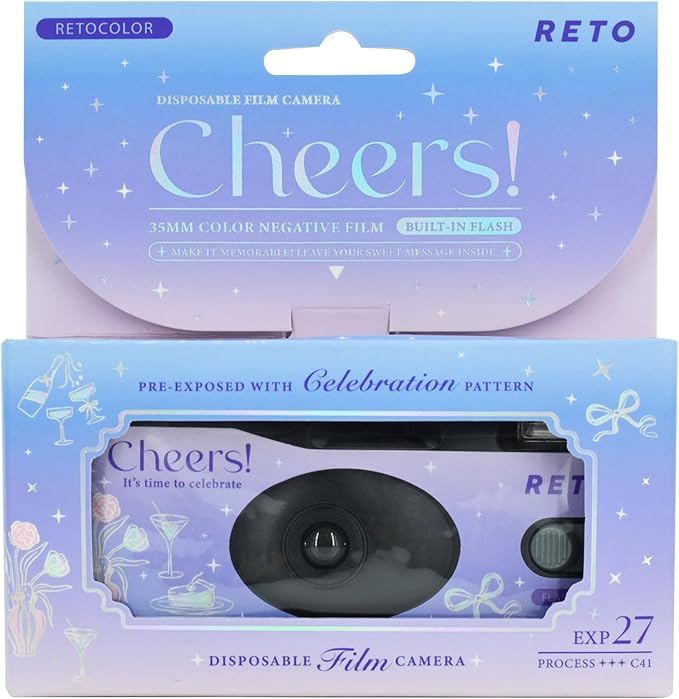 Retocolor Cheers 35mm Disposable Film Camera 27EXP, ISO400, Color Negative Film, Focus Free, Easy to Use, Built in Flash, Single Use (Film and Battery Included) (Cheers)