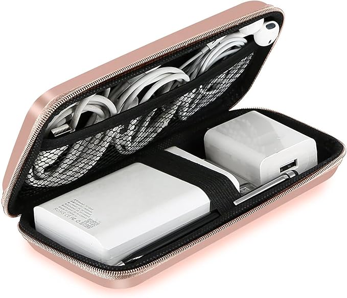 iMangoo Travel Essentials Electronics Organizer Charger Case Portable Dual Zipper Shockproof Pouch Tech Purse Cord Cable Pouches Power Bank Storage Accessories Bag for Women Men,6.5x3.2x1 Rose Gold