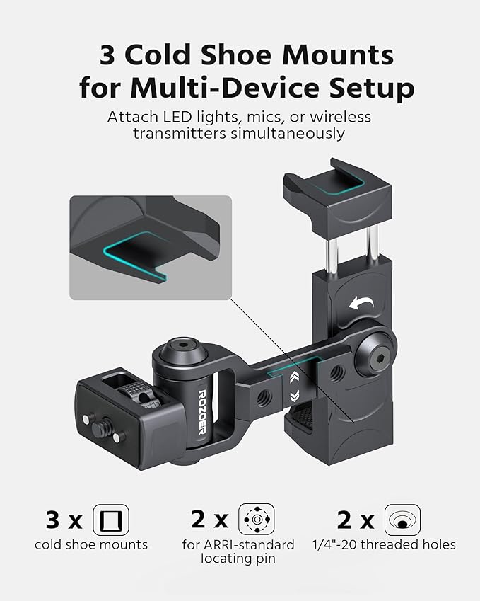 360° Phone Clip Mount with 1/4"-20 Screw & Locating Pins for Arri, Rotatable Phone Holder with 3 Cold Shoes for LED Lights, Mics