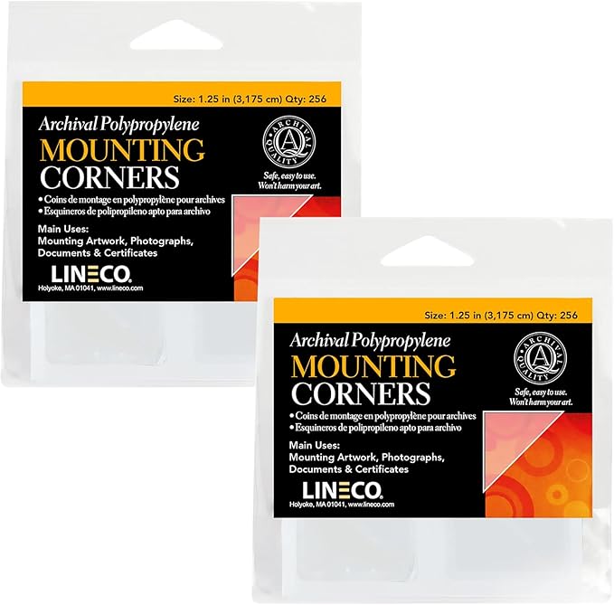 Lineco Acid-Free Archival Polypropylene Mounting Corners, Self Adhesive and Pressure Sensitive, 1.25", for Artwork Pictures and Documents (Qty: 256) Pack of 2