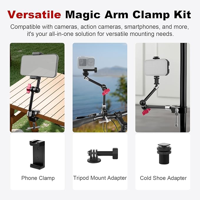 11" Articulating Magic Arm Clamp Mount, Magic Arm Camera Mount with Super Clamp, Magic Arm Crab Clamp for DSLR Action Camera Monitor Video Light, Max. Load 4.4lbs for Table & Tube (SY009)