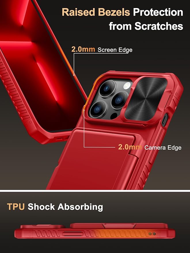 Vihibii for iPhone 13 Pro Case with Card Holder (4 Cards), [RFID Blocking] & Slide Camera Cover, Military Grade Drop Protection, Heavy Duty Shockproof Wallet Case for iPhone 13 Pro, 6.1" 2021, Red