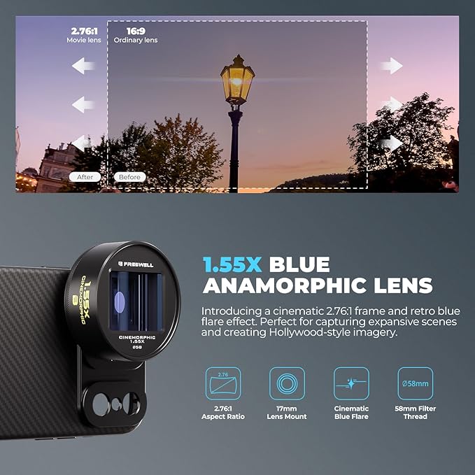 Freewell 1.55x Blue Anamorphic Lens Compatible with 17mm Mount iPhone & Samsung - Cinematic Smartphone Lens with Ultra-Wide View, Sci-Fi Blue Flare, and Enhanced Video Quality