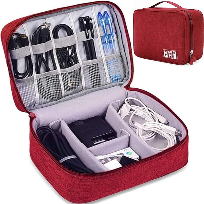 dealcase Electronics Organizer Waterproof Carrying Case - Durable Small Electronics Accessories Storage Bag Compatible Laptop Charger Various USB, Cables, Cords Power Travel Gadget Carry Bag - Red