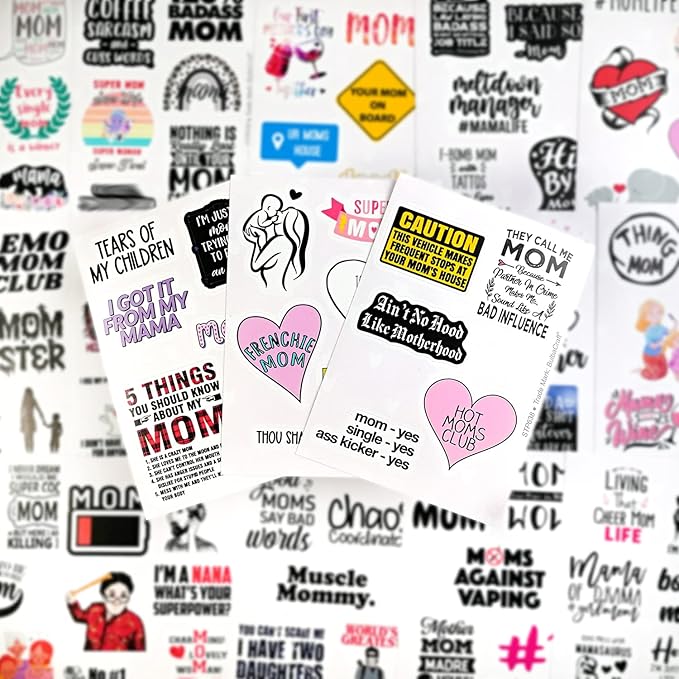 BulbaCraft 100 Pcs Funny Mom Stickers for Water Bottles - Mama Sticker, Funny Gifts for Mom, Mother Decals, Mothers Day Laptop Decals, Gifts for Women & Men