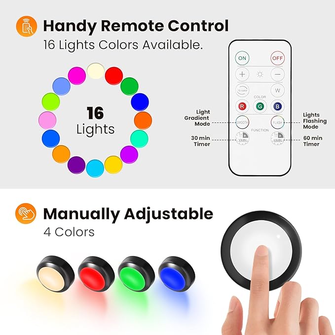 LED Puck Lights with Remote Control, 16 Color Changing Wireless Under Cabinet Lighting with Dimmer & Timer, AAA Battery Operated,Under for Closet Bedroom Kitchen, Stair (12 Pack Black)
