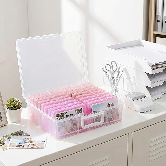 novelinks Transparent 4" x 6" Photo Cases and Clear Craft Keeper with Handle, 16 Inner Photo Organizers & Photo Storage Box, Plastic Photo Storage Containers (Pink Gradient)
