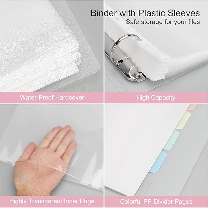 Uquelic 80-Pocket Clear Binder with Plastic Sleeves for Letter/A4 Size(11" x 8.5"), Document Binder Organizer for Papers, Certificates and Artwork, Macaron PP Divider Pages for Presentation
