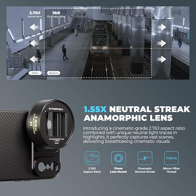 Freewell 1.55x Neutral Streak Anamorphic Lens Compatible with 17mm Mount iPhone & Samsung - Cinematic Bokeh, Smooth Streak Effect, Easy Installation