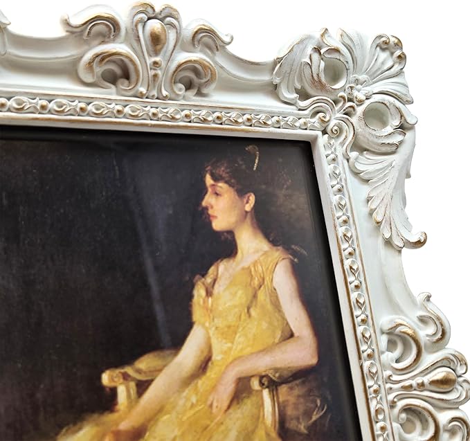 CISOO 5x7 Vintage Picture Frame Antique Ornate White and Gold Photo Frame, for Table Top and Wall Display, Decorative Floral Design Retro Home Decor, Photo Gallery Art