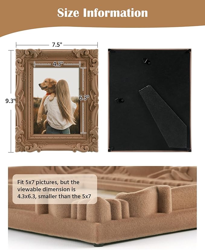 5x7 Picture Frame for Art Prints Posters, Small Decorative Frame with Real Glass/Stand, Ornate Memorial Frame Gift for Wedding Baby Shower Retirement (Brown)