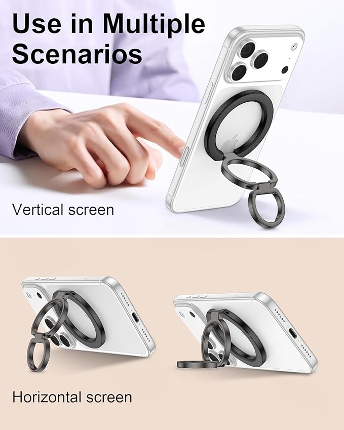 MagSafe Phone Ring Holder Grip for iPhone, Dual-Sided Magnetic Ring Stand Grip for iPhone 17 16 15 14 13 12, 360° Rotation MagSafe Phone Stand Magnetic Kickstand Finger Loop Holder for Desk, Car Mount