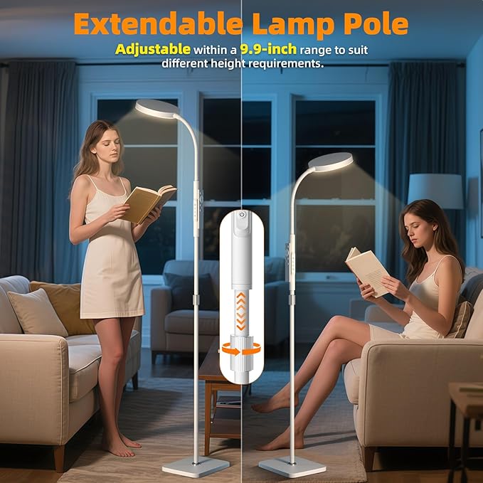 Floor Lamp, Adjustable Height Floor Lamps for Living Room Bedroom, 252 LED Super Bright Standing Lamp Remote Control, Dimmable Gooseneck Tall Stand Reading Lamp Light for Office Craft, White