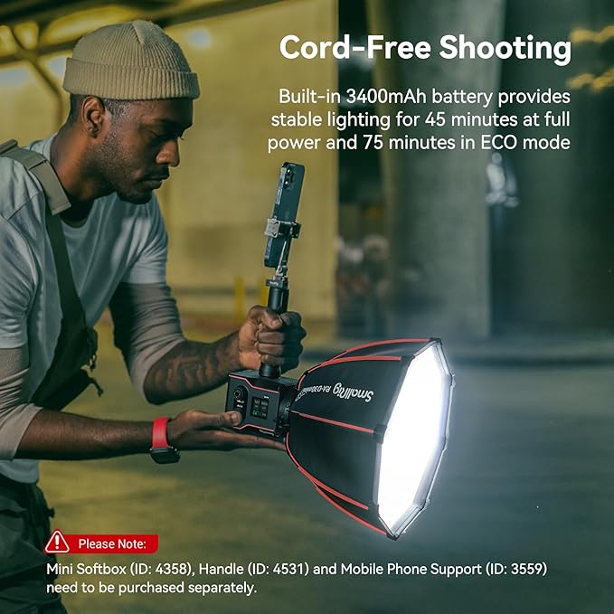 SmallRig RC 60B COB Video Light, 49Wh Battery 45min Runtime, 63W 11200lux CRI 97+ Bicolor LED Video Light, Portable Palm-Sized Continuous Output Light, for Photography/Video/Studio, Lite Edition