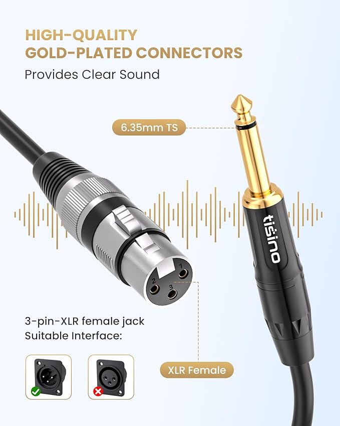 Tisino Female XLR to 1/4 (6.35mm) TS Mono Jack Unbalanced Microphone Cable Mic Cord for Dynamic Microphone - 25 FT/8 Meters