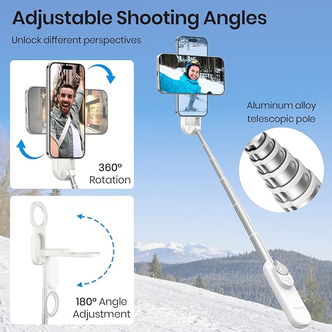 Multifunctional Magnetic Selfie Stick Tripod, 360° Rotation Portable Extendable Phone Stand for Video Recording & Vlog, Pocket Size for iPhone Android Smartphones (White)