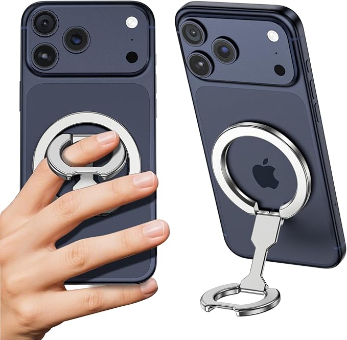 CloudValley 4-in-1 Magnetic Phone Grip Holder for MagSafe, 2025 Super Stable Kickstand & Mag Safe Finger Loop, Compatible with iPhone 17/16/15/14/13 Series & MagSafe Case (Silver)
