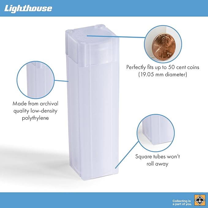 Lighthouse - Square Coin Tubes - Convenient Push Top, Virtually Unbreakable, Acid Free and Archival Quality - Coin Tubes for US Penny, 10 Pack