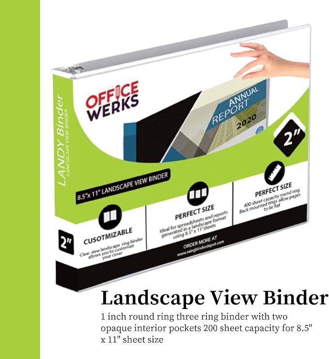 8.5" X 11" Landscape View Binder, 3-Ring 2 Inch Capacity Round Ring, White Horizontal Formatted with Clear Cover Pockets for Documents, Spreadsheets, Projects and More